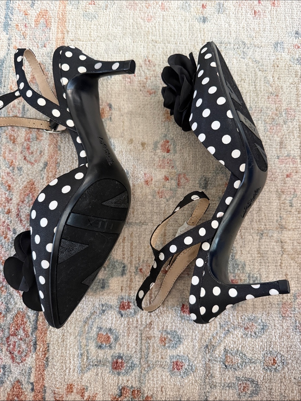 Life Stride Black and White Polka Dot Slingback Heels with Flower Accent - Picture 2 of 3